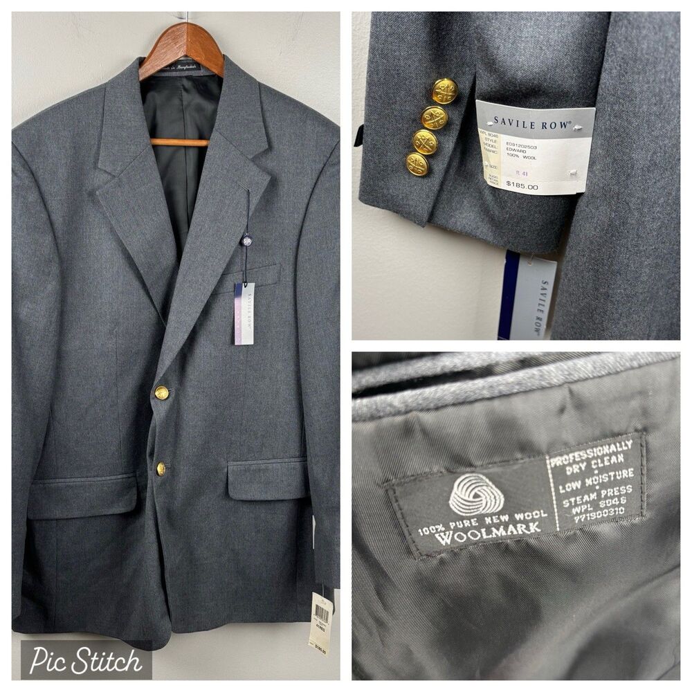 The Savile Row NWT Mens Gray 100% Wool 41R Blazer Sport Coat Suit Gold Buttons